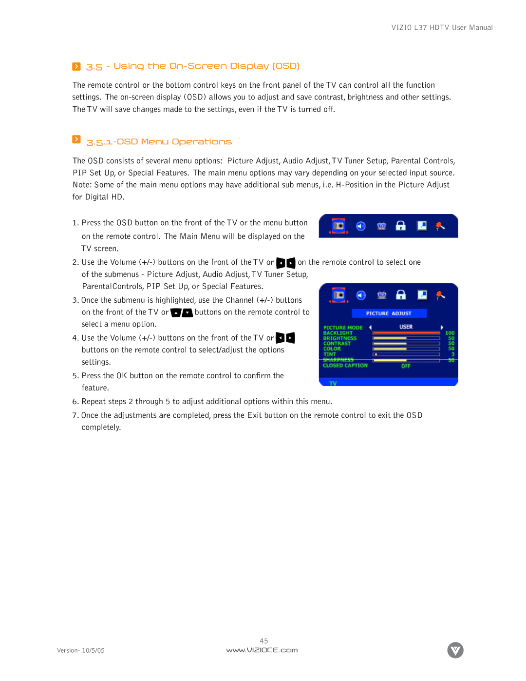 Vizio L37 manual Using the On-Screen Display OSD, OSD Menu Operations 