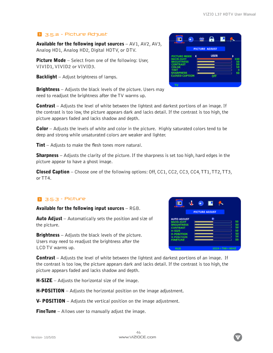 Vizio L37 manual Picture Adjust 
