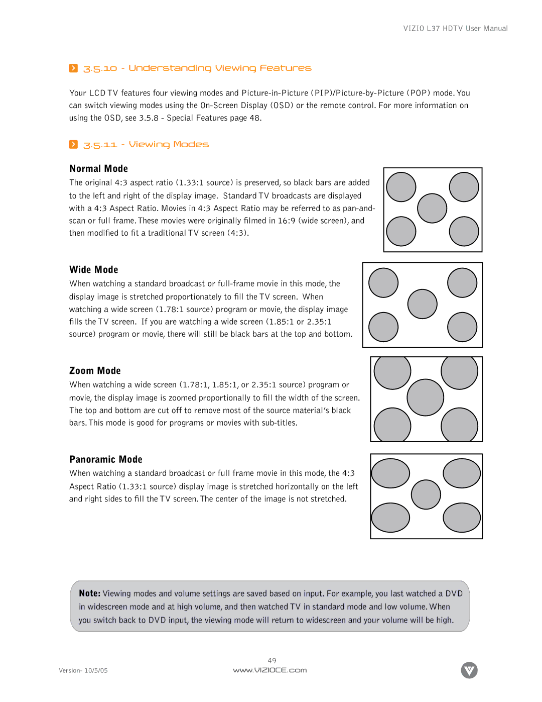 Vizio L37 manual Understanding Viewing Features, Viewing Modes 