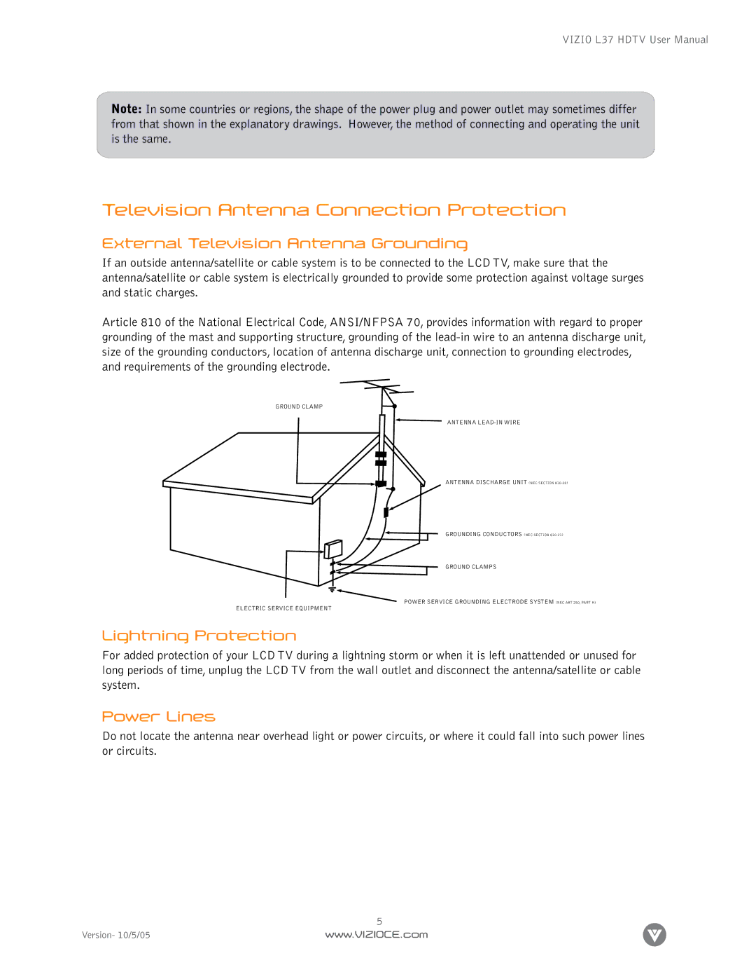 Vizio L37 manual External Television Antenna Grounding, Lightning Protection, Power Lines 