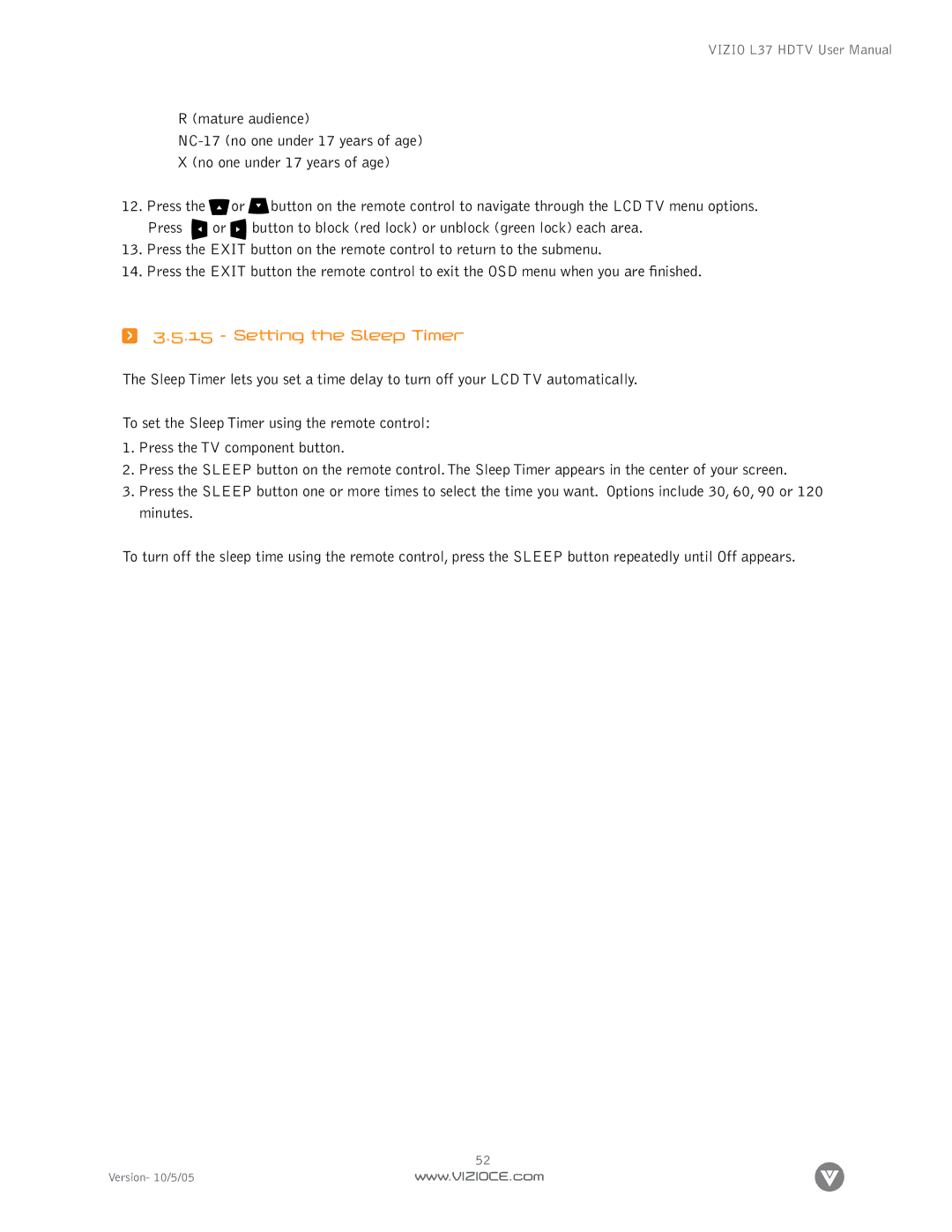 Vizio L37 manual Setting the Sleep Timer 