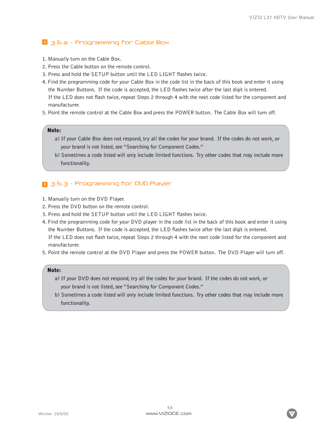 Vizio L37 manual Programming for Cable Box, Programming for DVD Player 