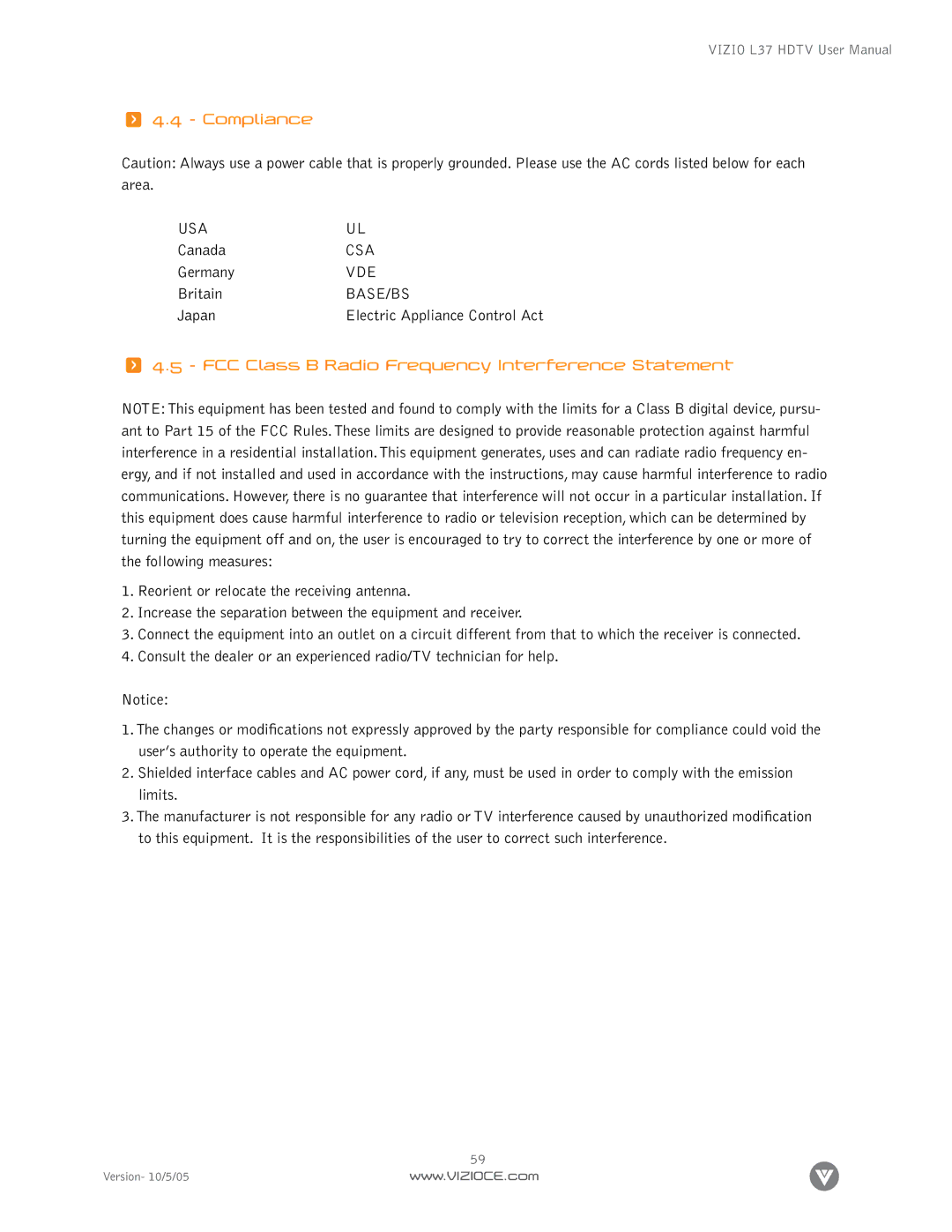 Vizio L37 manual Compliance, FCC Class B Radio Frequency Interference Statement 