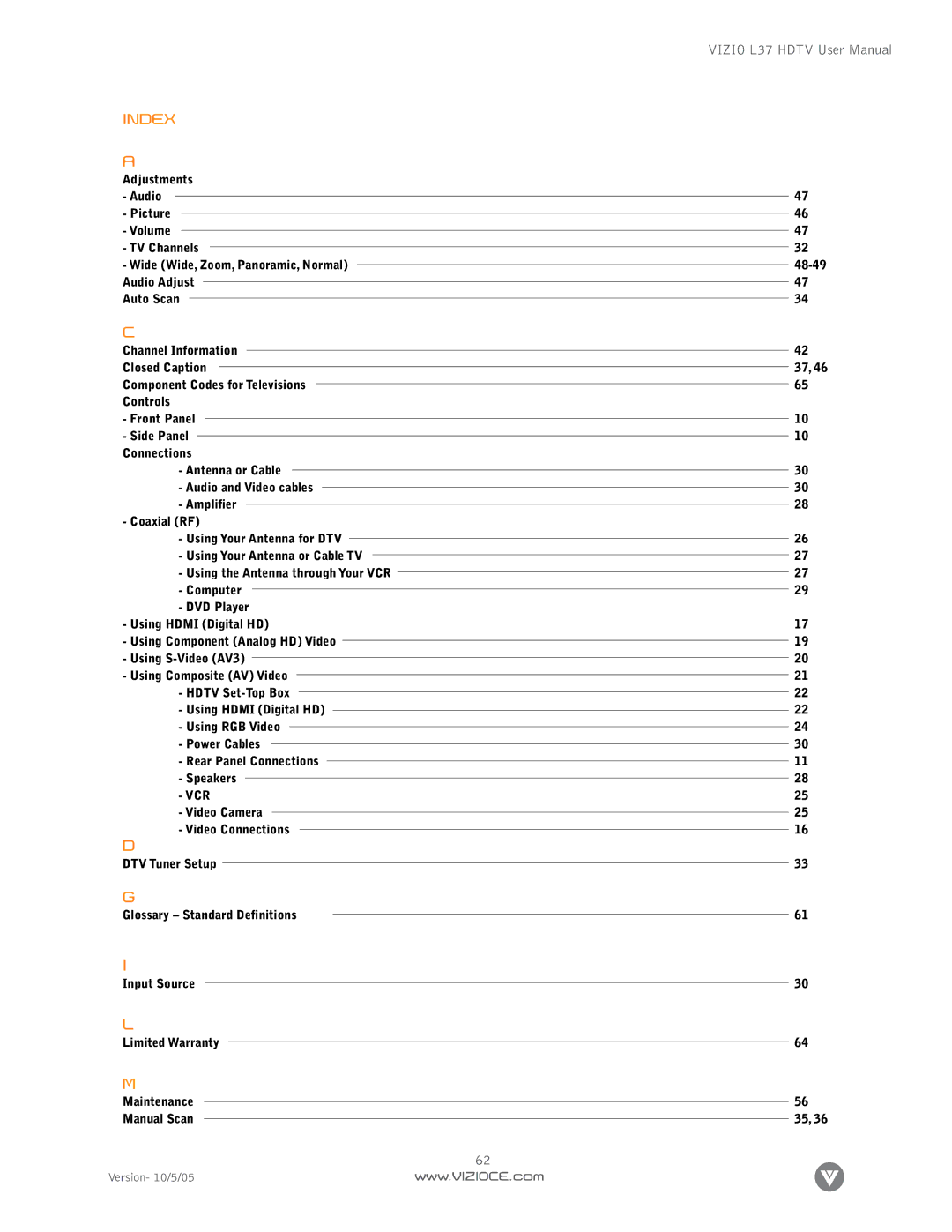 Vizio L37 manual Index 