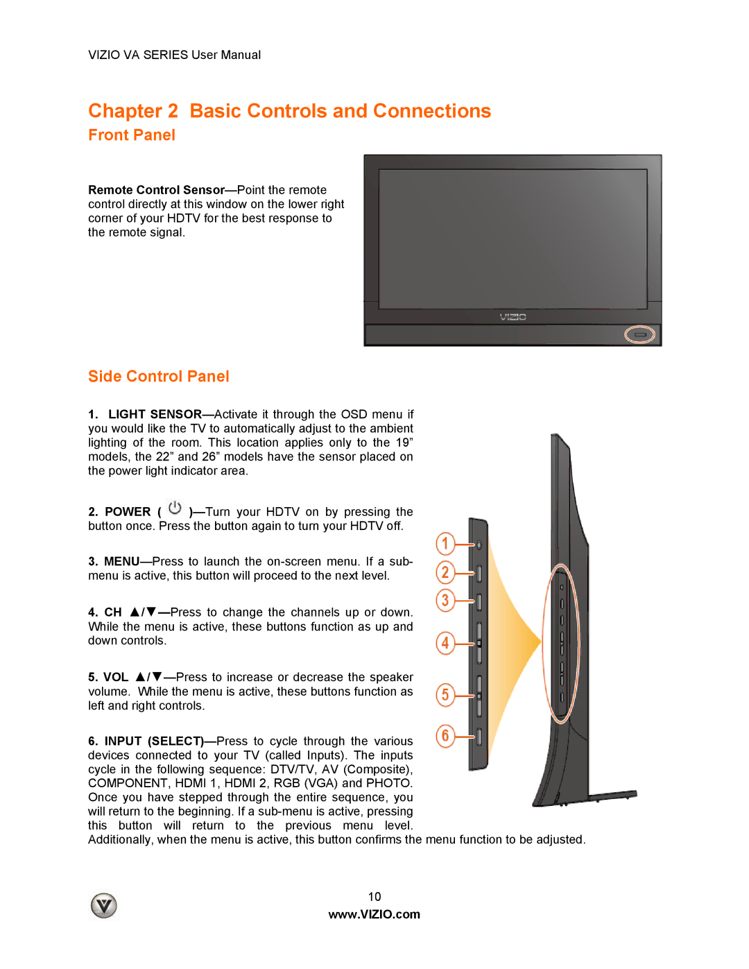 Vizio M190VA, LUMIA820BLKATT, M260VA manual Basic Controls and Connections, Front Panel, Side Control Panel 