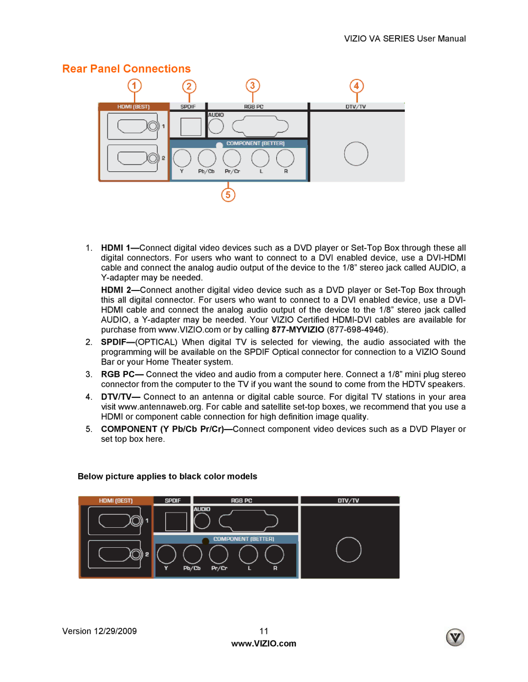 Vizio M260VA, LUMIA820BLKATT, M190VA manual Rear Panel Connections, Below picture applies to black color models 