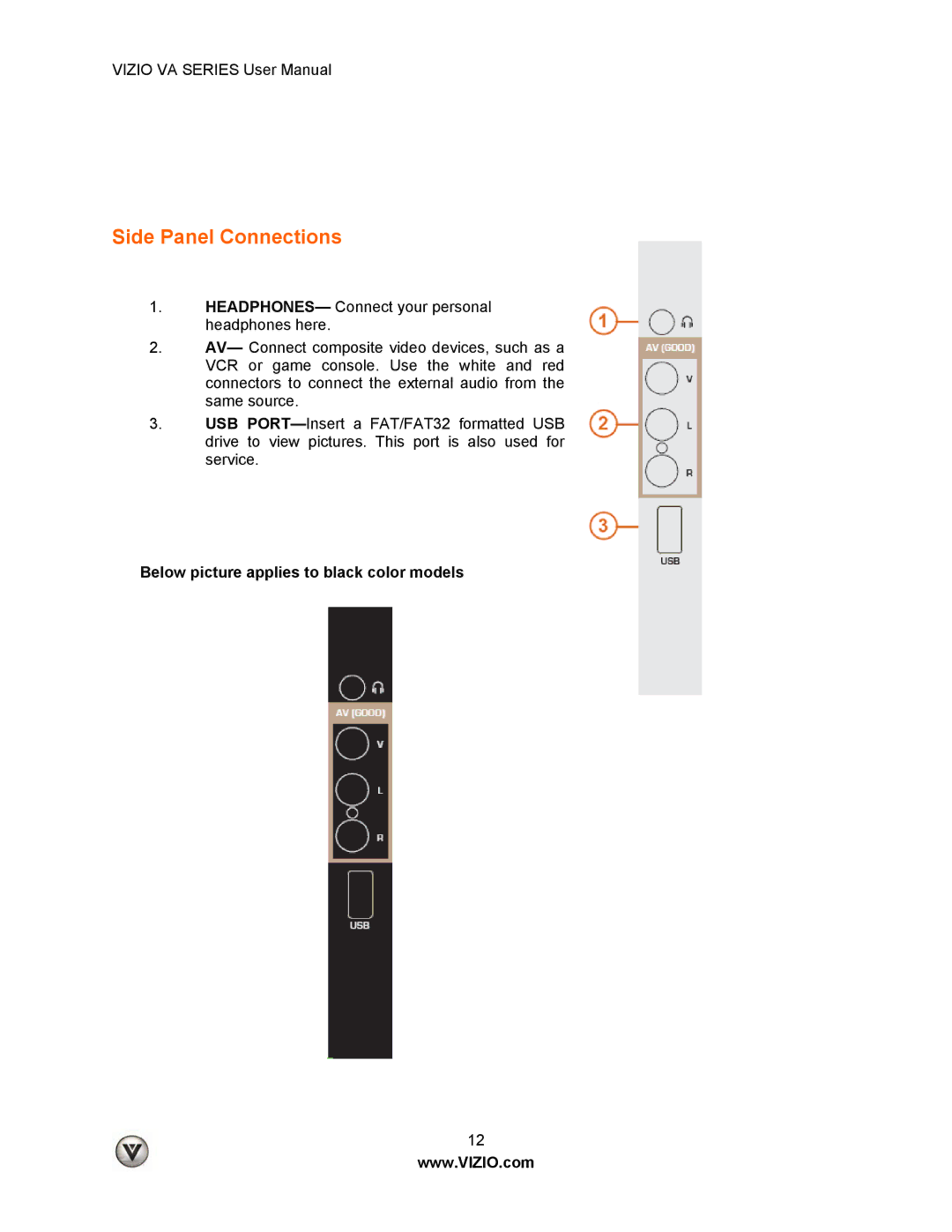 Vizio LUMIA820BLKATT, M190VA, M260VA manual Side Panel Connections 