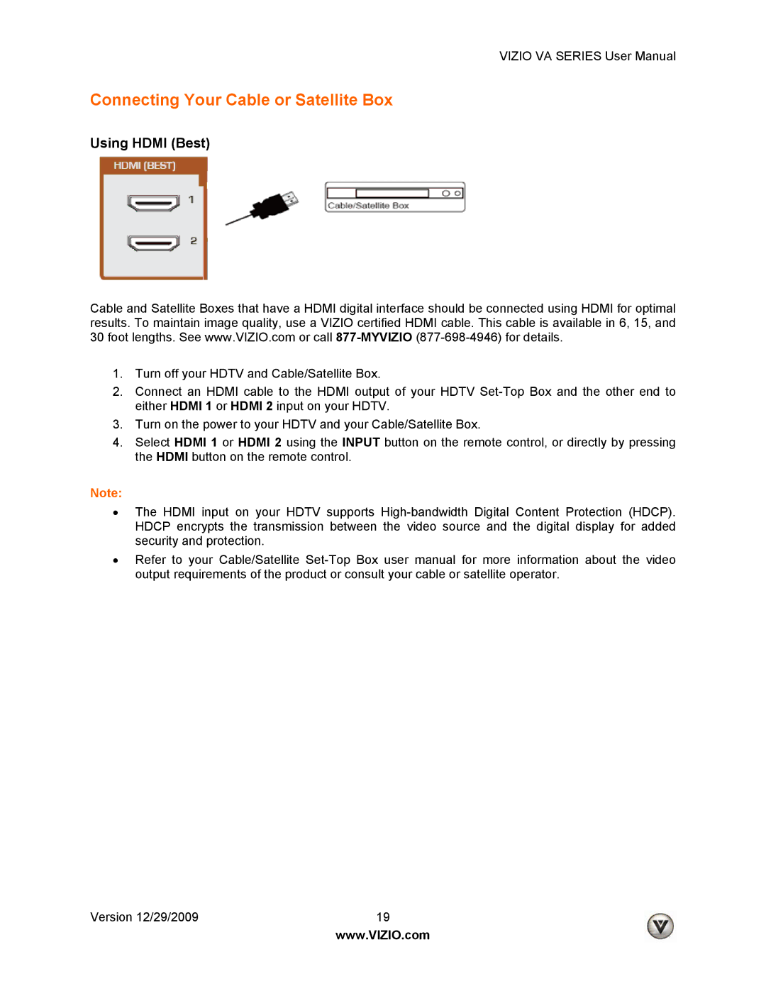 Vizio M190VA, LUMIA820BLKATT, M260VA manual Connecting Your Cable or Satellite Box, Using Hdmi Best 