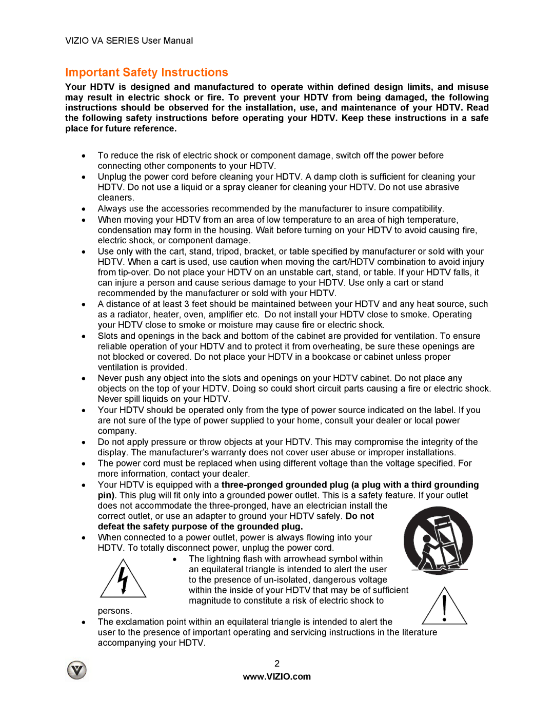 Vizio M260VA, LUMIA820BLKATT, M190VA manual Important Safety Instructions 