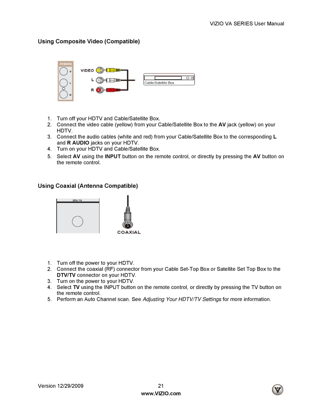 Vizio LUMIA820BLKATT, M190VA, M260VA manual Using Composite Video Compatible, Using Coaxial Antenna Compatible 