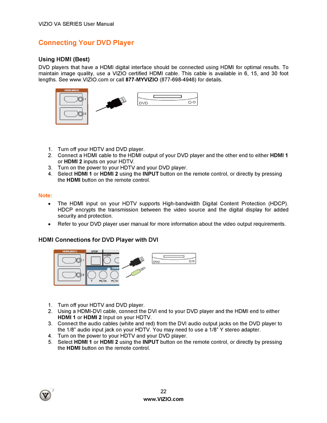 Vizio M190VA, LUMIA820BLKATT, M260VA manual Connecting Your DVD Player, Hdmi Connections for DVD Player with DVI 