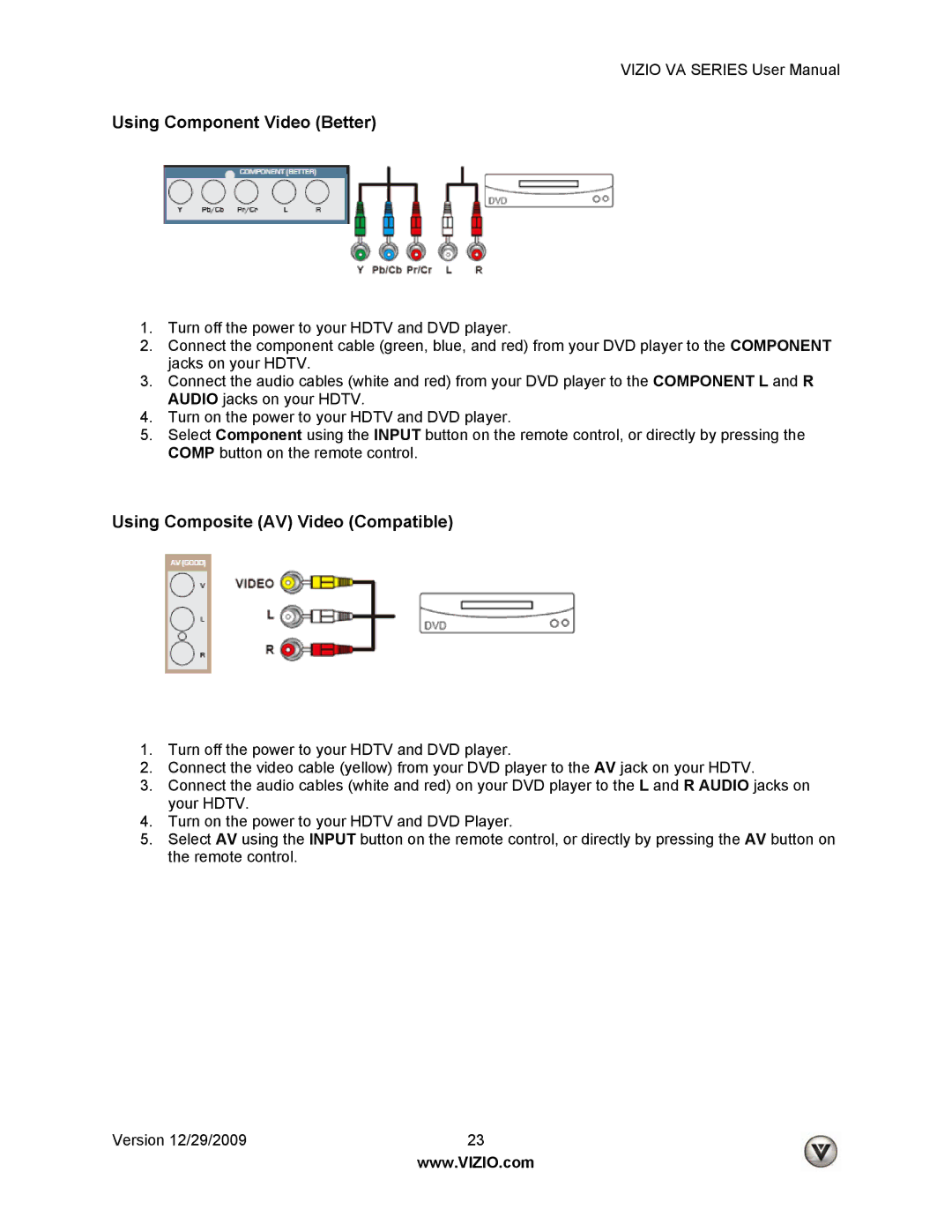 Vizio M260VA, LUMIA820BLKATT, M190VA manual Using Component Video Better, Using Composite AV Video Compatible 