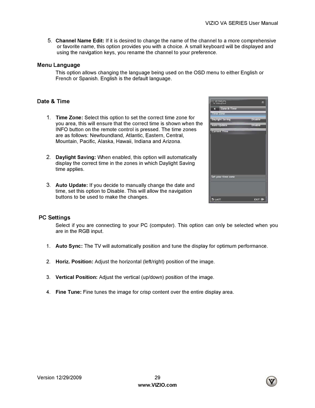 Vizio M260VA, LUMIA820BLKATT, M190VA manual Menu Language, Date & Time, PC Settings 