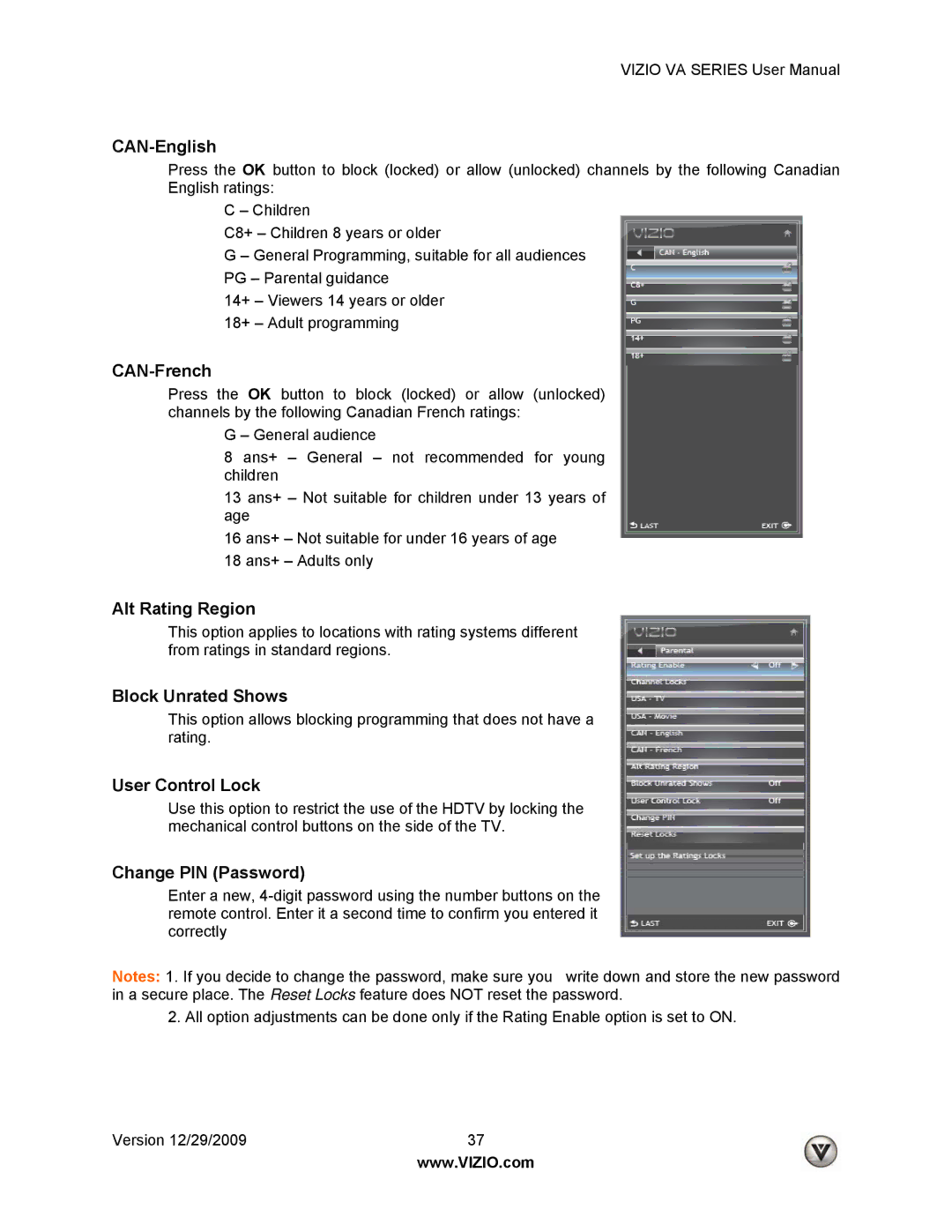 Vizio M190VA manual CAN-English, CAN-French, Alt Rating Region, Block Unrated Shows, User Control Lock, Change PIN Password 