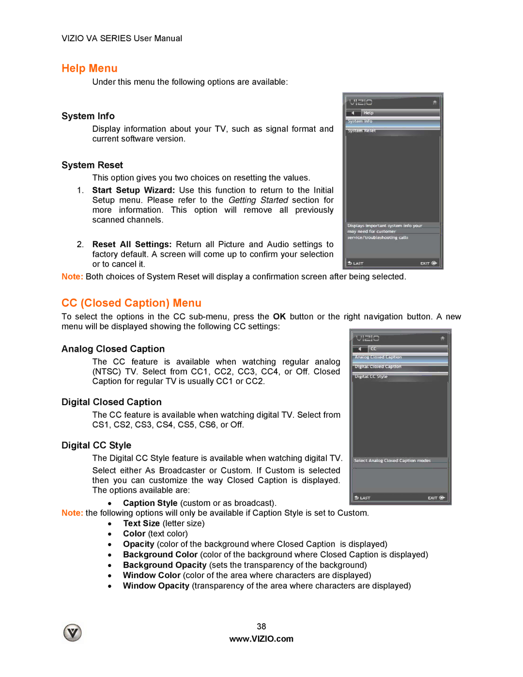 Vizio M260VA, LUMIA820BLKATT System Info, System Reset, Analog Closed Caption, Digital Closed Caption, Digital CC Style 