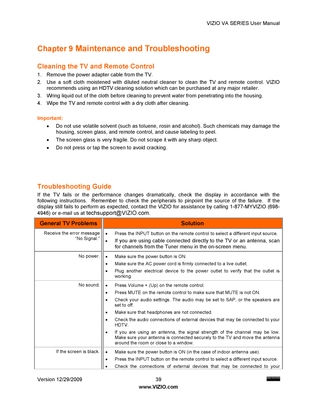 Vizio LUMIA820BLKATT, M190VA Maintenance and Troubleshooting, Cleaning the TV and Remote Control, Troubleshooting Guide 