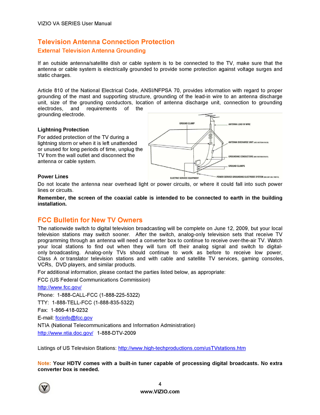 Vizio M190VA Television Antenna Connection Protection, FCC Bulletin for New TV Owners, Lightning Protection, Power Lines 