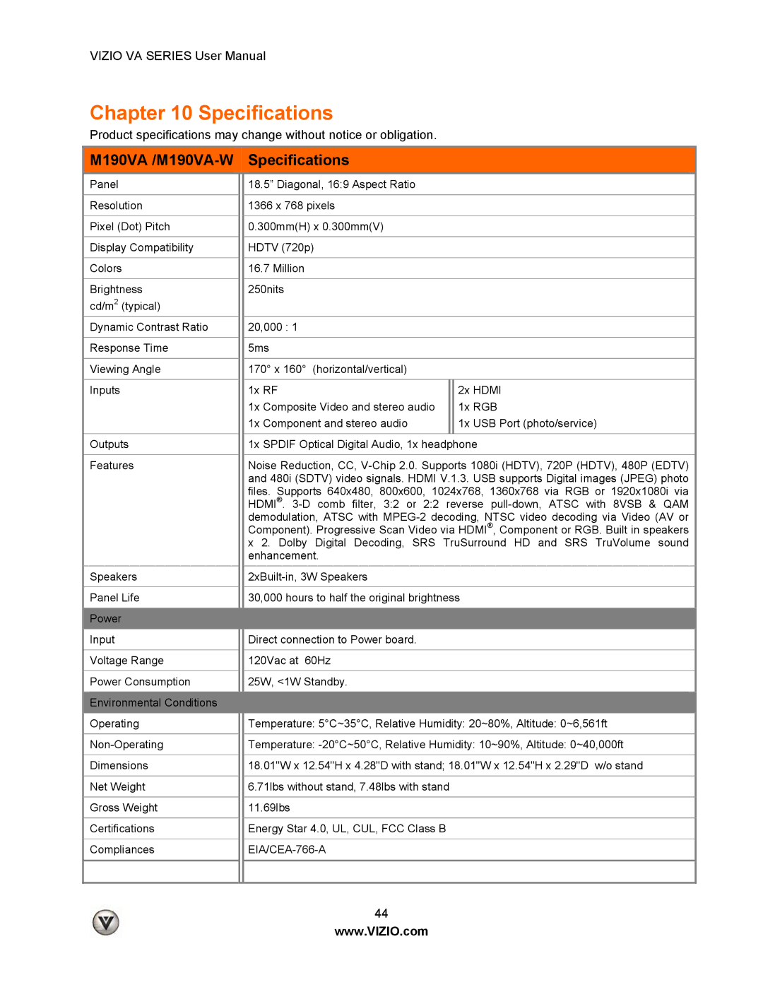 Vizio M260VA, LUMIA820BLKATT manual M190VA /M190VA-W Specifications 