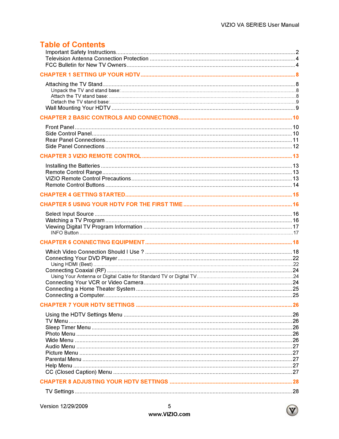 Vizio M260VA, LUMIA820BLKATT, M190VA manual Table of Contents 