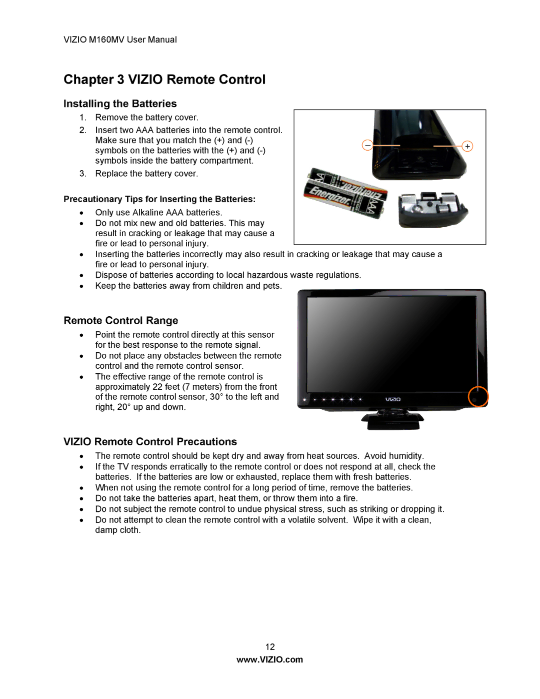 Vizio M160MV user manual Installing the Batteries, Remote Control Range, Vizio Remote Control Precautions 