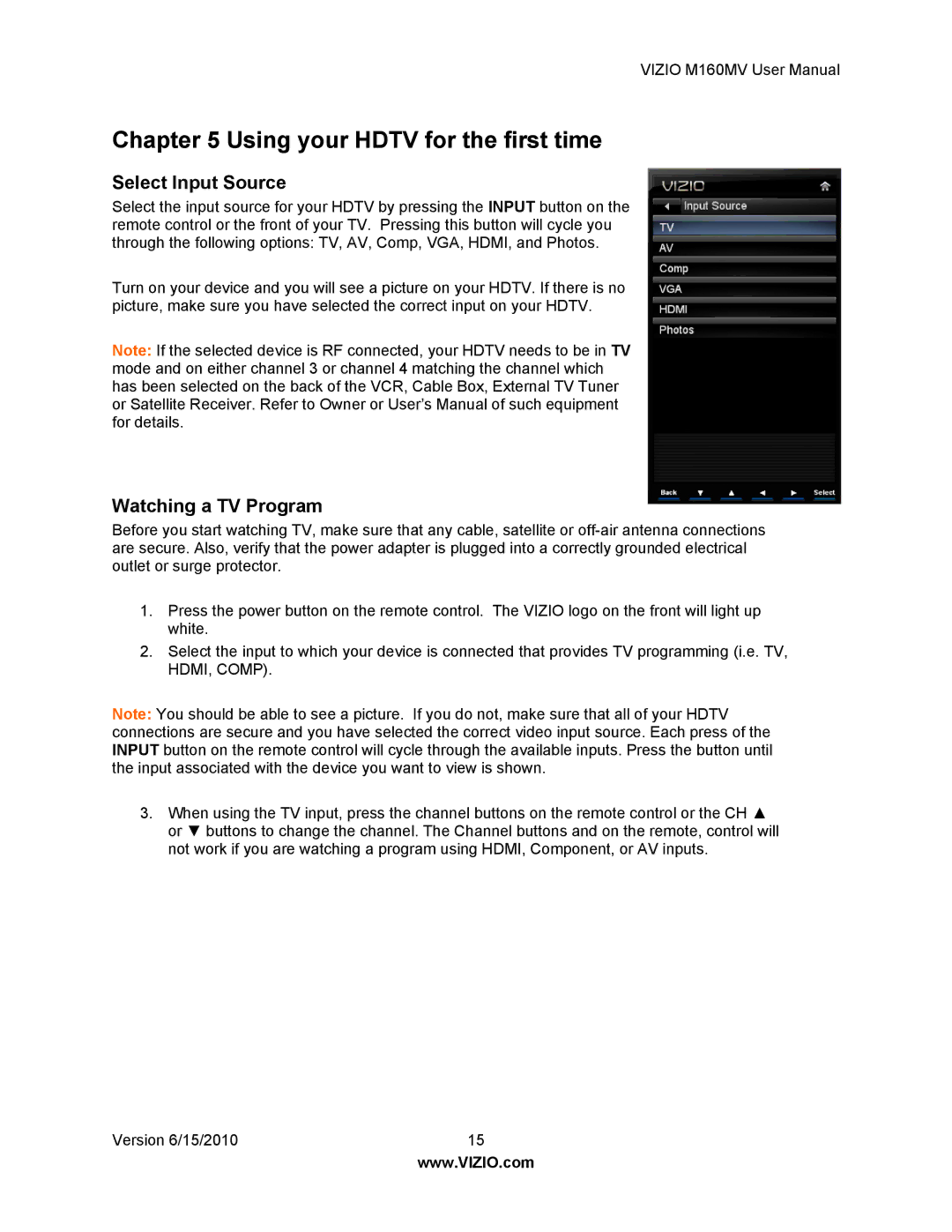 Vizio M160MV user manual Using your Hdtv for the first time, Select Input Source, Watching a TV Program 