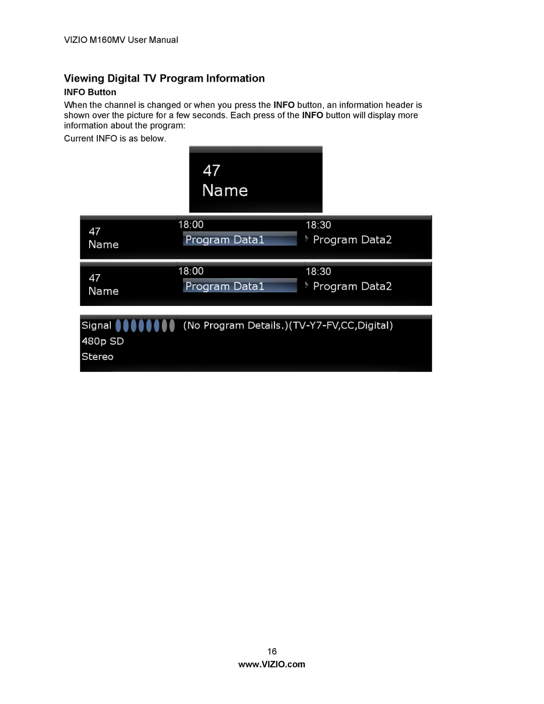 Vizio M160MV user manual Viewing Digital TV Program Information, Info Button 