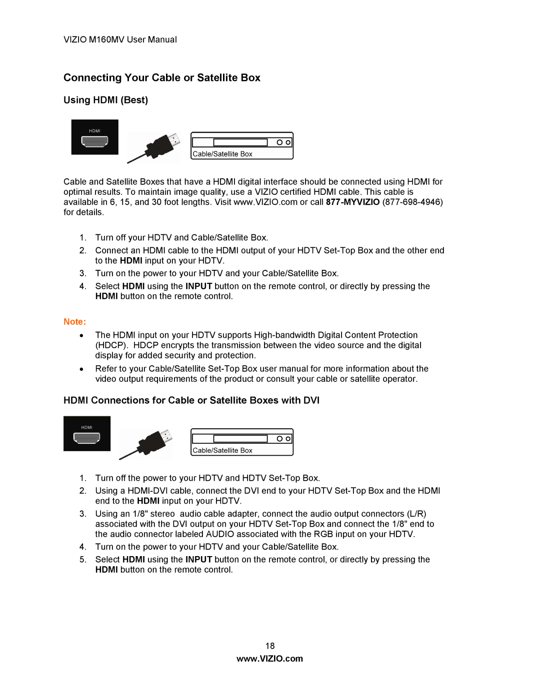 Vizio M160MV user manual Connecting Your Cable or Satellite Box, Using Hdmi Best 