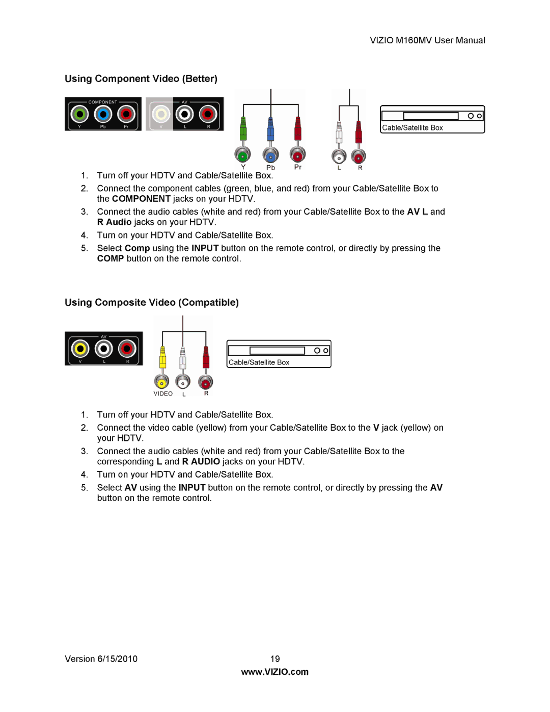 Vizio M160MV user manual Using Component Video Better, Using Composite Video Compatible 