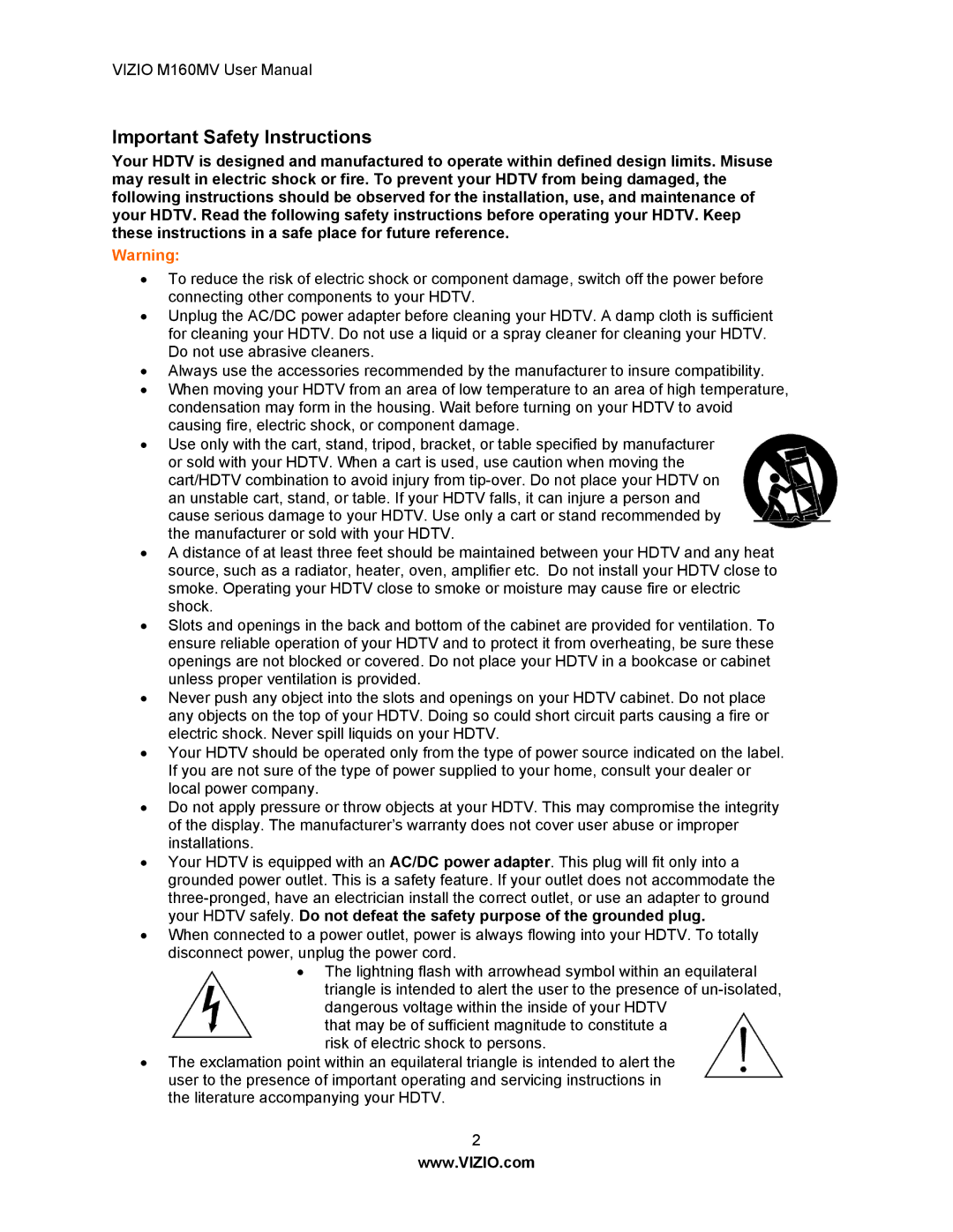 Vizio M160MV user manual Important Safety Instructions 