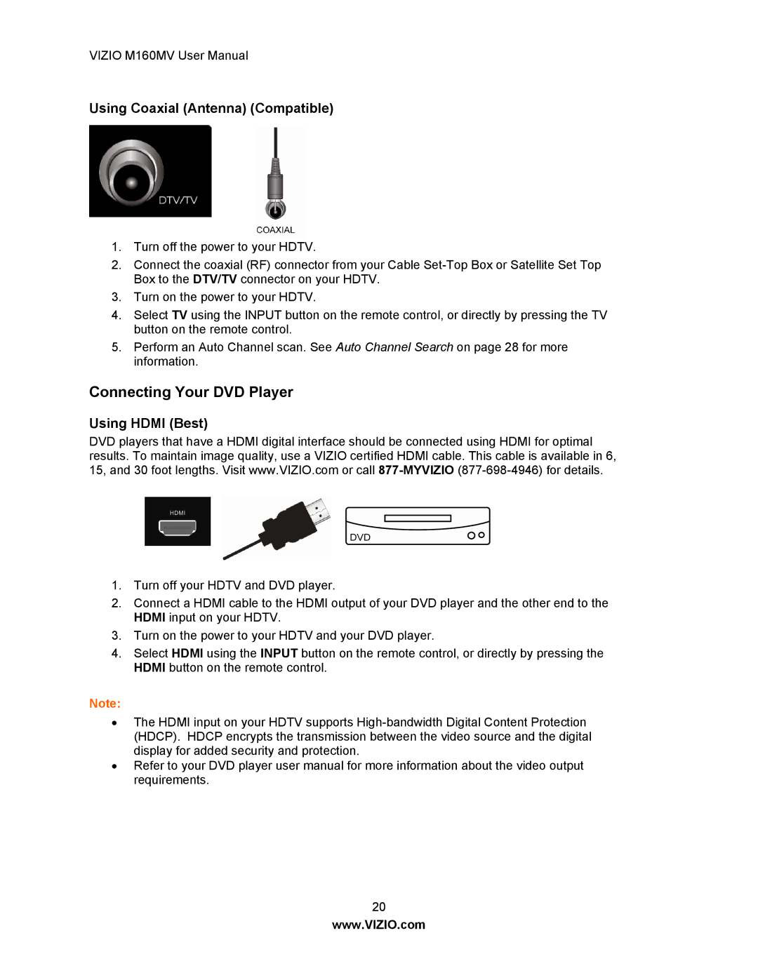 Vizio M160MV user manual Connecting Your DVD Player, Using Coaxial Antenna Compatible 