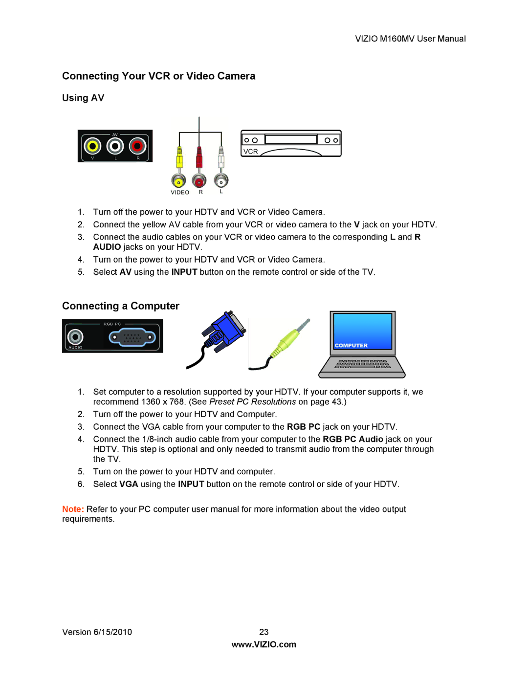 Vizio M160MV user manual Connecting Your VCR or Video Camera, Connecting a Computer, Using AV 