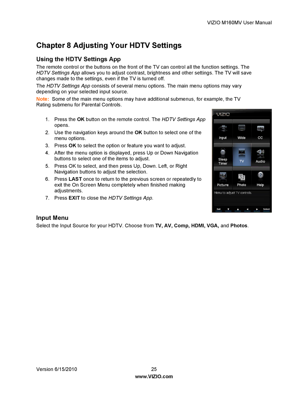 Vizio M160MV user manual Adjusting Your Hdtv Settings, Using the Hdtv Settings App, Input Menu 