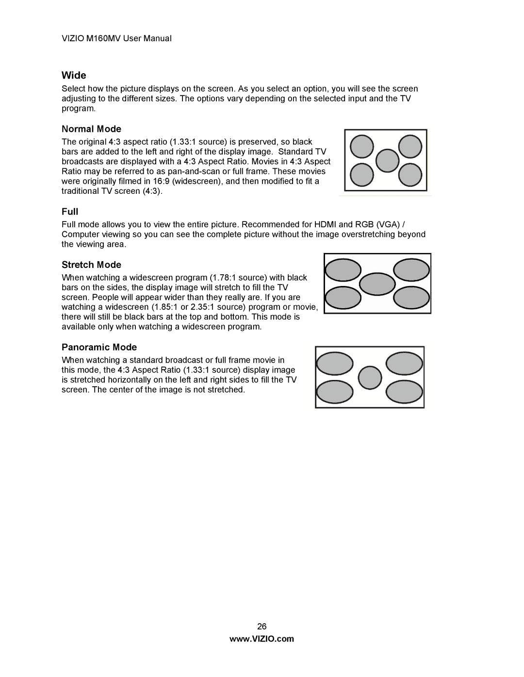 Vizio M160MV user manual Wide, Normal Mode, Full, Stretch Mode, Panoramic Mode 