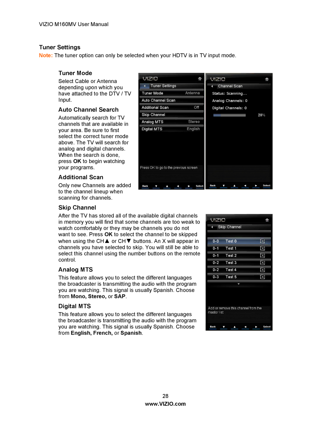 Vizio M160MV Tuner Settings Tuner Mode, Auto Channel Search, Additional Scan, Skip Channel, Analog MTS, Digital MTS 