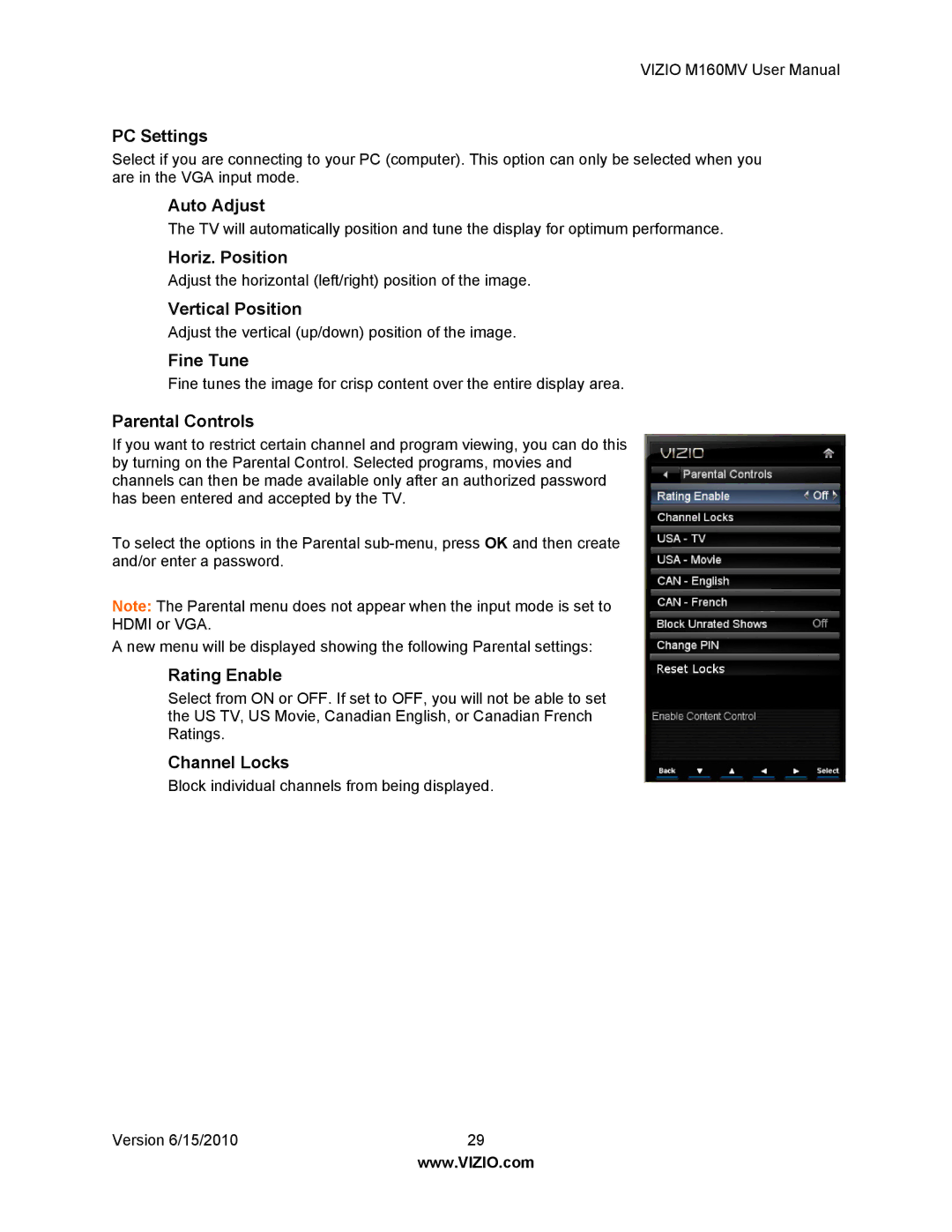 Vizio M160MV PC Settings, Auto Adjust, Horiz. Position, Vertical Position, Fine Tune, Parental Controls, Rating Enable 