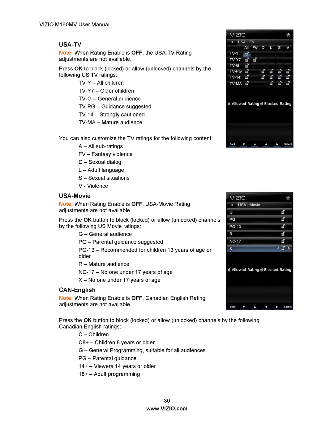 Vizio M160MV user manual USA-Movie, CAN-English 