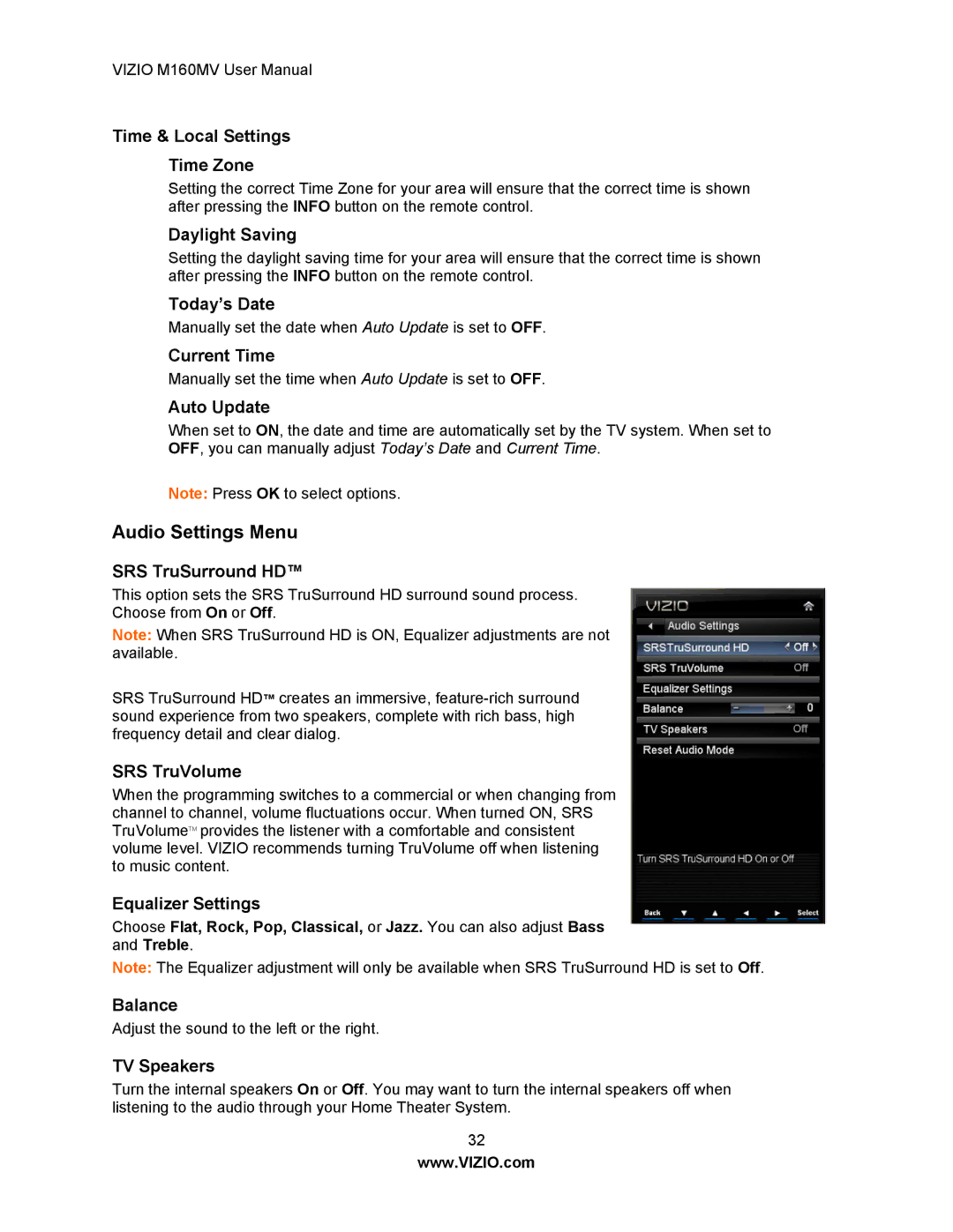 Vizio M160MV user manual Audio Settings Menu 