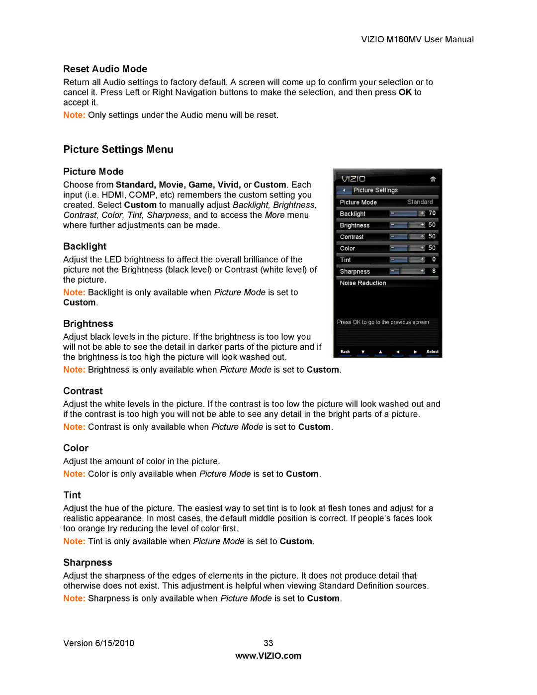 Vizio M160MV user manual Picture Settings Menu 