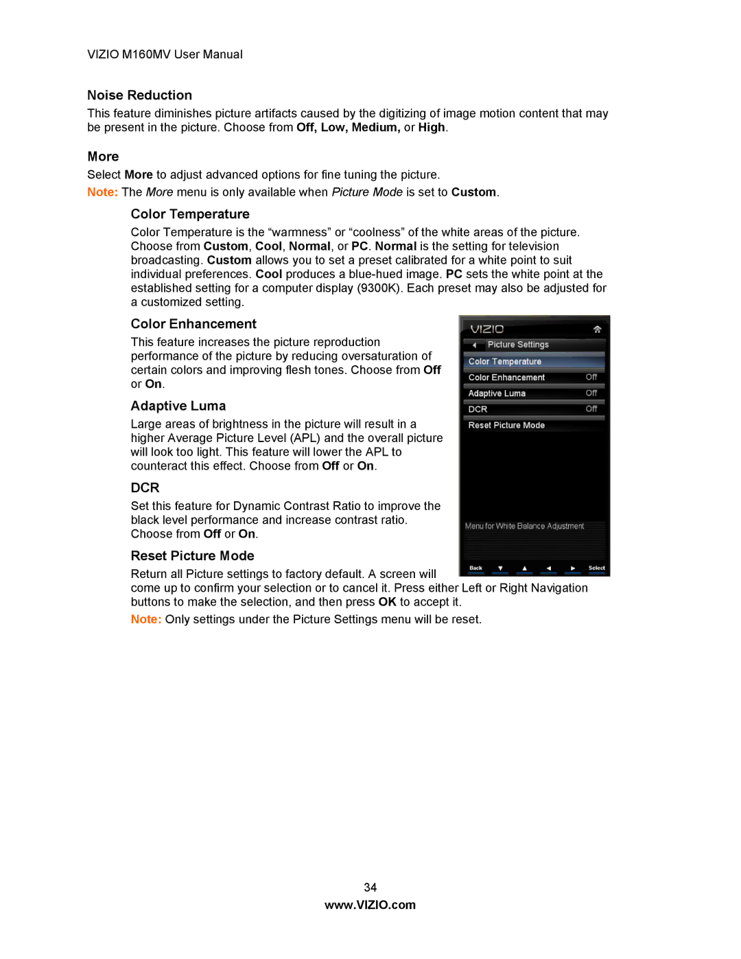 Vizio M160MV user manual Noise Reduction, More, Color Temperature, Color Enhancement, Adaptive Luma, Reset Picture Mode 