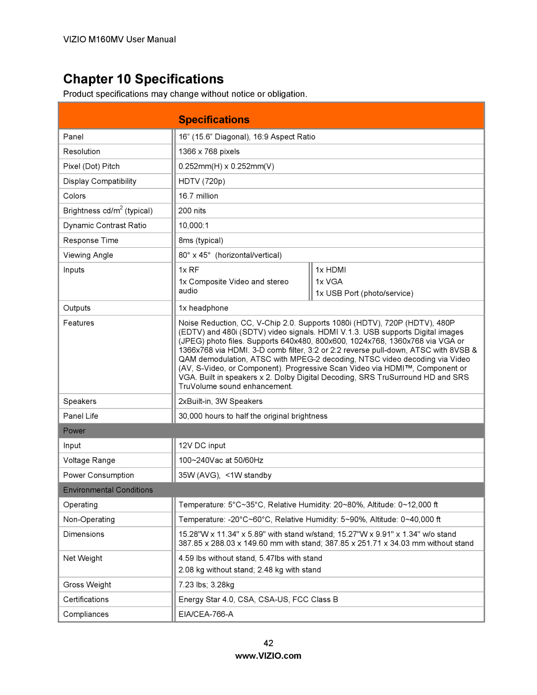 Vizio M160MV user manual Specifications 