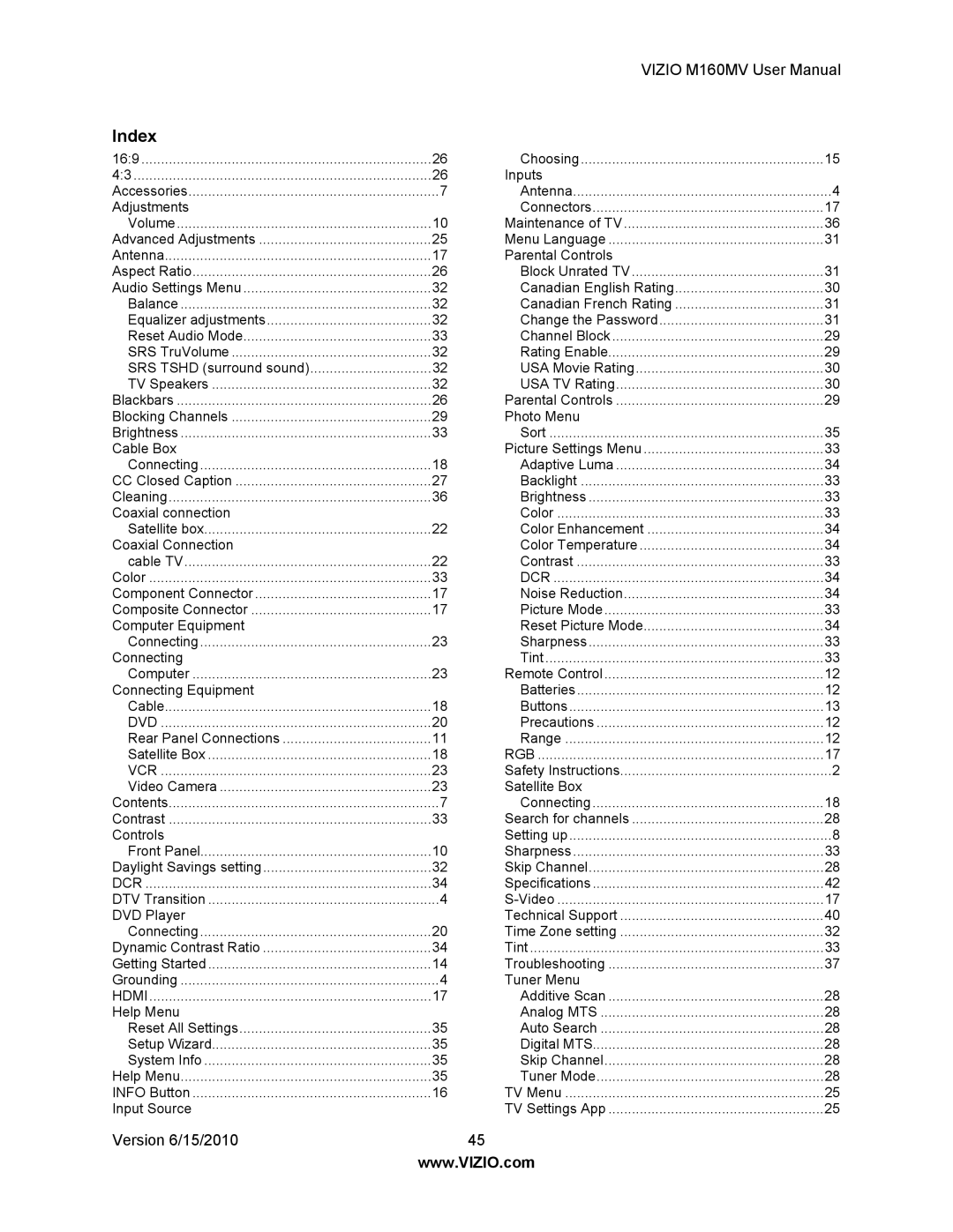 Vizio M160MV user manual Index, Hdmi 