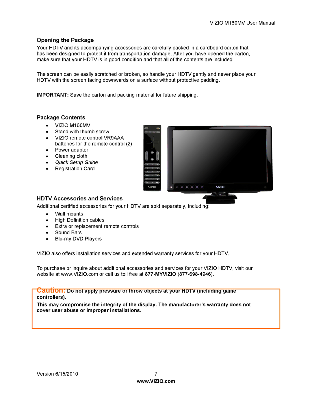 Vizio M160MV user manual Opening the Package, Package Contents, Hdtv Accessories and Services 