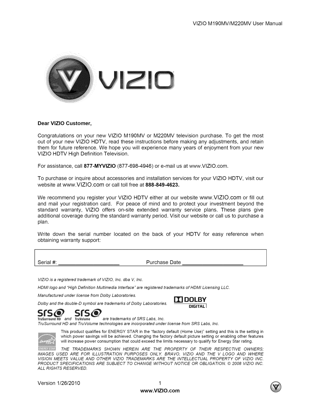 Vizio user manual VlZIOM190MV/M220MVUserManual DearVlZIOCustomer 