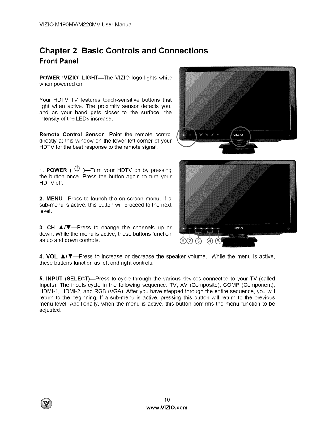 Vizio M190MV user manual Basic Controls and Connections, Front Panel 