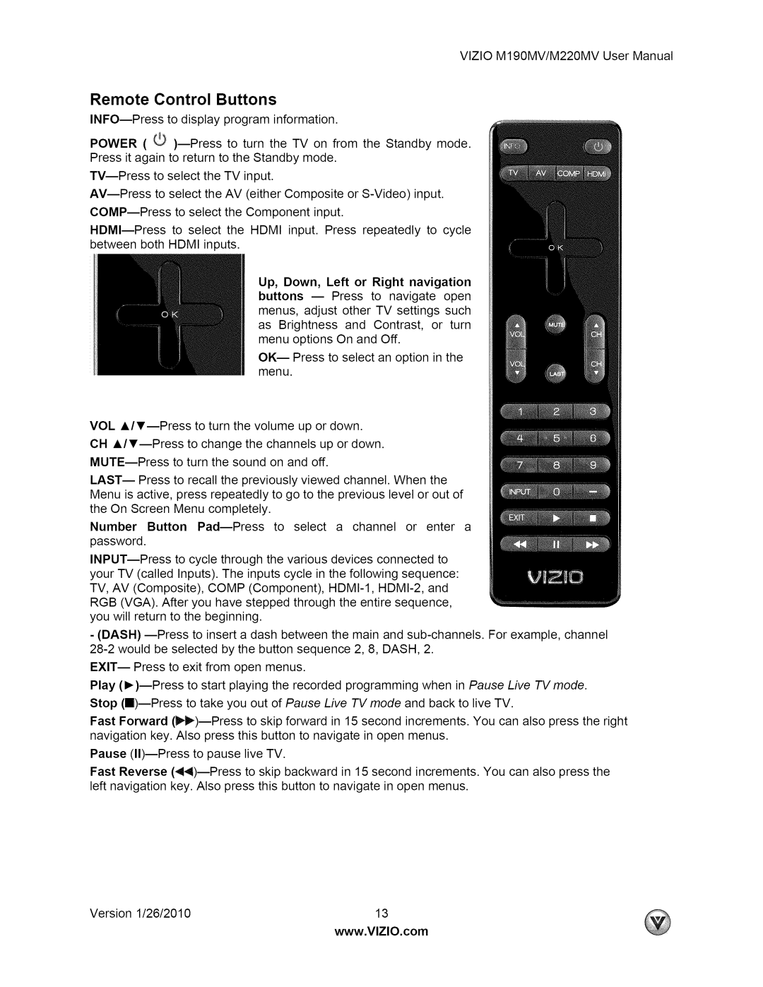 Vizio M190MV user manual Remote Control Buttons, Up, Down, Left or Right navigation 