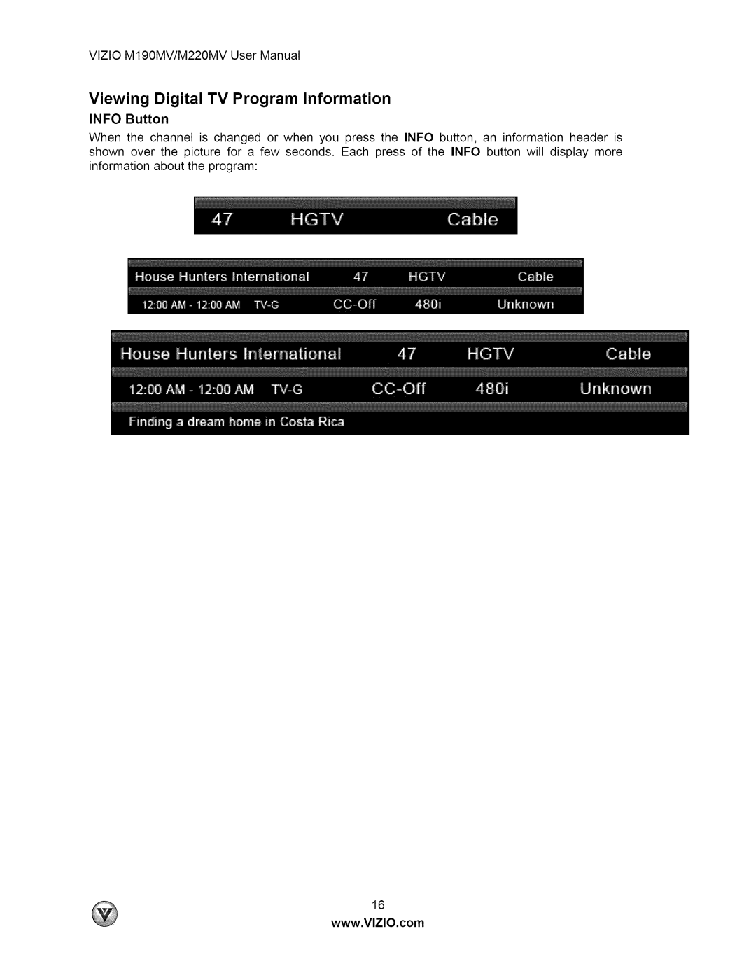 Vizio M190MV user manual Viewing Digital TV Program Information, Info Button 