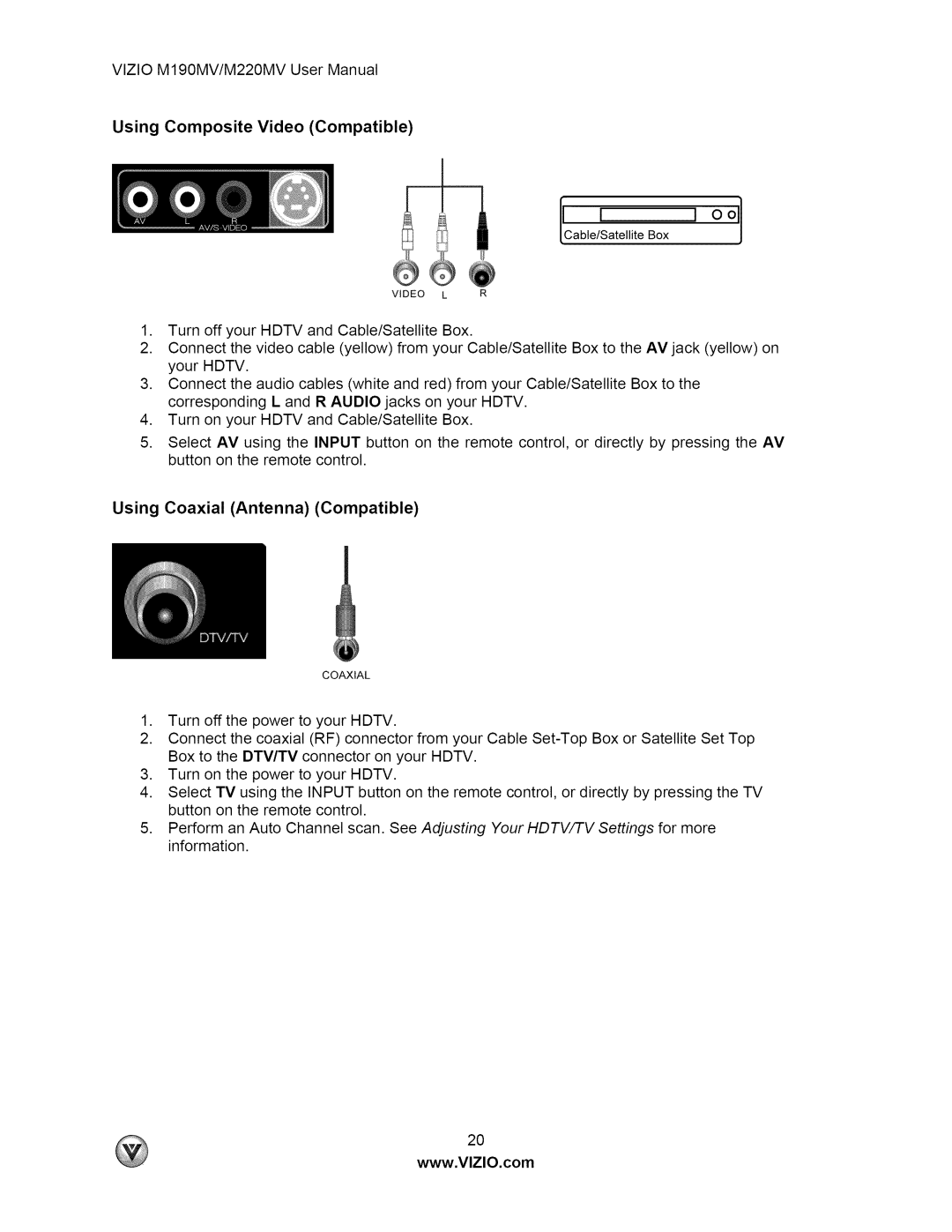 Vizio M190MV user manual Using Composite Video Compatible, Using Coaxial Antenna Compatible 