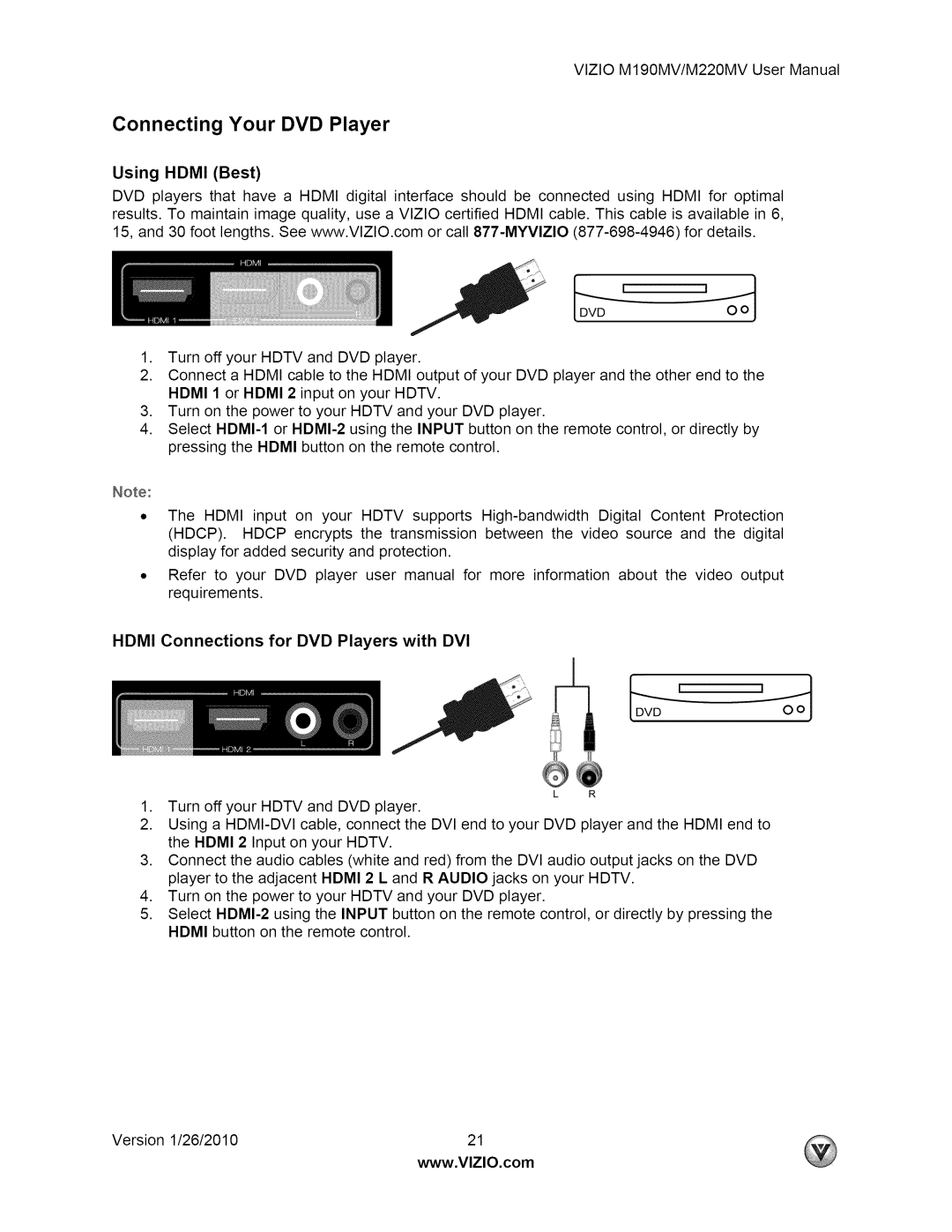 Vizio M190MV user manual Connecting Your DVD Player, Hdmi Connections for DVD Players with DVI 