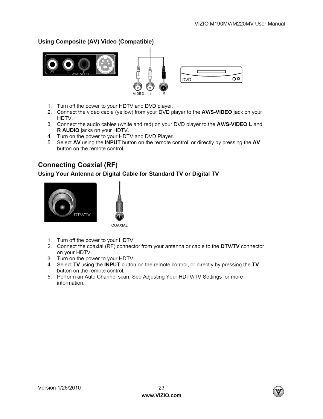 Vizio M190MV user manual Connecting Coaxial RF, Using Composite AV Video Compatible 