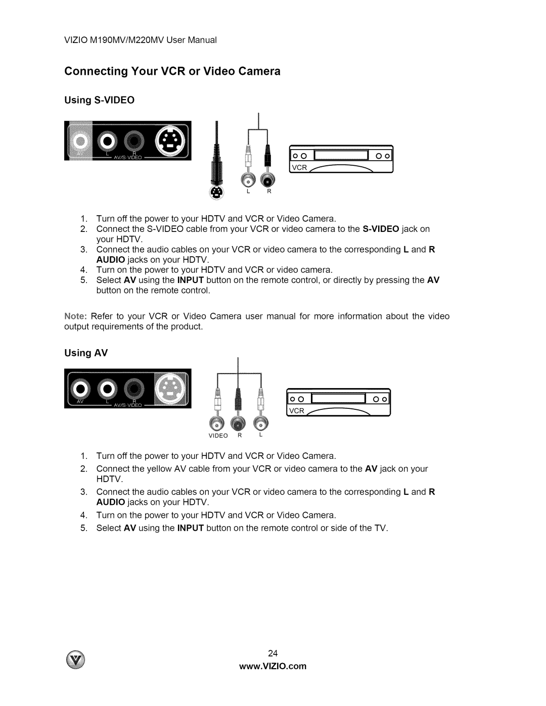 Vizio M190MV user manual Connecting Your VCR or Video Camera, Using S-VIDEO, Using AV 